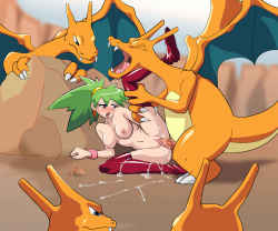 Rule 34 | 1girl, blush, breasts, charizard, creatures (company), cum, cum in pussy, cum on body, cum on lower body, functionally nude, game freak, gen 1 pokemon, green-ninja, green hair, highres, large breasts, liza (pokemon ep134), nintendo, on ground, open mouth, pokemon, pokemon (creature), sex, vaginal