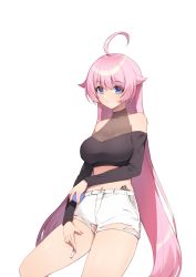 Rule 34 | 1girl, ahoge, bare shoulders, black shirt, blue eyes, breasts, cigarette, crop top, cutoffs, expressionless, hair flaps, hand on own thigh, highres, holding, large breasts, long hair, long sleeves, looking at viewer, midriff, navel, off-shoulder shirt, off shoulder, original, pink hair, see-through, shirt, short shorts, shorts, simple background, solo, thighs, ugwa, very long hair, white background, white shorts