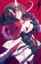 Rule 34 | + +, 1girl, black gloves, blush, breasts, bridal garter, broken horn, brown hair, capelet, cleavage, commentary request, elbow gloves, eriko (princess connect!), fur trim, gloves, holding, holding weapon, horns, itoichi., large breasts, looking at viewer, princess connect!, purple eyes, red background, red capelet, short hair, smile, solo, spiked tail, tail, weapon