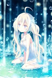 Rule 34 | 1girl, ahoge, bare arms, bare shoulders, barefoot, between legs, blue eyes, bubble, commentary request, dress, expressionless, hand between legs, long hair, original, sitting, sleeveless, sleeveless dress, solo, twintails, v arms, wariza, water, white hair, yamadori yoshitomo