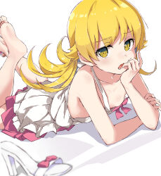 Rule 34 | 1girl, absurdres, barefoot, blonde hair, blurry, blurry foreground, breasts, collarbone, commentary request, depth of field, dress, feet, foreshortening, hand on own face, highres, legs up, long hair, lying, monogatari (series), on stomach, open mouth, oshino shinobu, rauto, sandals, shoes, small breasts, soles, the pose, toes, unworn sandals, unworn shoes, very long hair, white dress, white footwear, yellow eyes