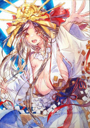 Rule 34 | 1girl, bare shoulders, bead necklace, beads, body markings, breasts, brown hair, chikinan tarou, cleavage, collarbone, facial mark, fate/grand order, fate (series), forehead, forehead mark, headpiece, highres, himiko (fate), himiko (third ascension) (fate), japanese clothes, jewelry, kimono, large breasts, long hair, looking at viewer, necklace, off shoulder, painting (medium), sash, traditional media, watercolor (medium), white kimono, yellow eyes