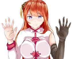 Rule 34 | 1girl, against fourth wall, against glass, asymmetrical sleeves, black gloves, blue eyes, blush, breast press, breasts, chinese clothes, closed mouth, elbow gloves, fourth wall, gintama, gloves, hair bun, heart, heart-shaped pupils, highres, kagura (gintama), large breasts, long hair, looking at viewer, orange hair, single elbow glove, single hair bun, smile, solo, symbol-shaped pupils, uneven sleeves, upper body, yeyebirdie