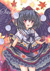 Rule 34 | 1girl, :d, autumn leaves, back bow, black bow, black bowtie, black hair, black skirt, black wings, blush, bow, bowtie, breasts, buttons, clothes lift, cowboy, cowboy western, feathered wings, frilled shirt, frilled shirt collar, frilled skirt, frills, hair between eyes, hat, leaf print, lifting own clothes, looking at viewer, marker (medium), medium hair, open mouth, orange background, pom pom (clothes), print shirt, puffy short sleeves, puffy sleeves, red bow, red eyes, red hat, ribbon-trimmed shirt, rui (sugar3), sample watermark, shameimaru aya, shirt, short sleeves, skirt, skirt lift, small breasts, smile, solo, tokin hat, touhou, traditional media, watermark, western, white shirt, wings
