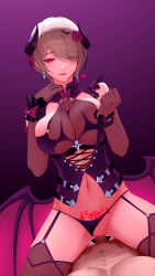 Rule 34 | 1boy, 1girl, absurdres, alternate costume, bad id, bad pixiv id, blush, breasts, clothed female nude male, clothing aside, colomar, cowgirl position, cum, cum in pussy, demon girl, demon wings, earrings, elbow gloves, girl on top, gloves, hair over one eye, hetero, highres, honkai (series), honkai impact 3rd, horns, jewelry, large breasts, looking at viewer, nude, open mouth, panties, panties aside, penis, pubic tattoo, pussy, red eyes, revealing clothes, revision, rita rossweisse, rita rossweisse (umbral rose), sex, short hair, solo focus, straddling, tail, tattoo, underwear, vaginal, wings