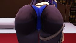 Rule 34 | 1girl, 3d, all fours, artist request, ass, ass focus, bed, from behind, genshin impact, highres, huge ass, leotard, long hair, looking at viewer, looking back, mona (genshin impact), pantyhose, purple hair, solo, thighlet, twintails, very long hair