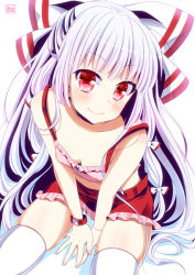Rule 34 | 1girl, adapted costume, bare shoulders, blush, bow, bracelet, breasts, cleavage, downblouse, female focus, flat chest, from above, fujiwara no mokou, hair bow, jewelry, long hair, looking at viewer, pengin guriko, red eyes, silver hair, simple background, sitting, small breasts, smile, solo, thighhighs, touhou, very long hair, white thighhighs
