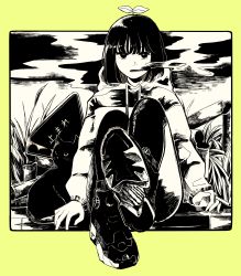Rule 34 | 1girl, absurdres, bamboo, black cat, black eyes, black pants, border, cat, cigarette, drawstring, full body, grass, greyscale, highres, hood, hood down, hoodie, knees up, leaf, long sleeves, looking at viewer, monochrome, open mouth, original, outdoors, outside border, pants, plant on head, richard-kun, sign, sitting, smile, solo, yellow border