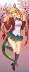 Rule 34 | 1girl, absurdres, alternate costume, black footwear, blazer, blonde hair, bow, bowtie, breasts, cherry blossoms, collared shirt, colored tips, dragon girl, dragon horns, dragon tail, fangs, green bow, green bowtie, green skirt, green tail, hair ribbon, hands up, highres, horns, jacket, kneehighs, kobayashi-san chi no maidragon, large breasts, loafers, multicolored hair, open hand, open mouth, orange eyes, orange hair, petals, raoul (raoul77), red jacket, red ribbon, ribbon, school uniform, shirt, shoes, skirt, smile, socks, solo, standing, standing on one leg, tail, teeth, thighhighs, tohru (maidragon), twintails, two-tone hair, v