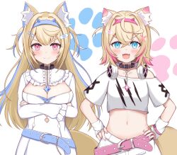 Rule 34 | 2girls, animal ear fluff, animal ears, arms under breasts, bandaid, bandaid hair ornament, belt, blonde hair, blue belt, blue eyes, blue hair, blue nails, blush, breasts, cleavage, cleavage cutout, clothing cutout, collar, cropped shirt, dog ears, dog girl, dog tail, dress, frilled shorts, frills, fuwawa abyssgard, fuwawa abyssgard (1st costume), hair ornament, hairpin, hands on own hips, highres, hololive, hololive english, large breasts, long hair, looking at viewer, medium breasts, medium hair, mococo abyssgard, mococo abyssgard (1st costume), multicolored hair, multiple girls, nail polish, navel, pink belt, pink eyes, pink hair, pink nails, sabamiso (tomomon021831), shirt, shorts, siblings, sisters, small breasts, smile, spiked collar, spikes, streaked hair, tail, twins, two side up, virtual youtuber, white dress, white shirt, white shorts, x hair ornament