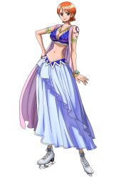 Rule 34 | 1girl, absurdres, bracelet, breasts, cleavage, full body, highres, ice skates, jewelry, large breasts, looking at viewer, nami (one piece), nami (one piece) (alabasta), nami (one piece) (pre-timeskip), navel, official art, one piece, orange eyes, orange hair, short hair, shoulder tattoo, simple background, skates, smile, solo, standing, tattoo, toei animation, white background, wide hips