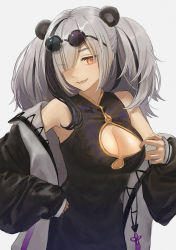 Rule 34 | 1girl, :d, animal ears, arknights, bare shoulders, black dress, black hair, breasts, china dress, chinese clothes, cleavage, cleavage cutout, clothing cutout, commentary request, dress, eyes visible through hair, feater (arknights), grey background, highres, jacket, jfjf, long hair, long sleeves, looking at viewer, medium breasts, multicolored hair, off shoulder, open clothes, open jacket, open mouth, orange eyes, panda ears, resolution mismatch, silver hair, simple background, sleeveless, sleeveless dress, smile, solo, source larger, streaked hair, upper body
