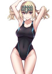Rule 34 | 1girl, armpits, arms behind head, arms up, bare shoulders, black one-piece swimsuit, blonde hair, blue eyes, blush, breasts, competition swimsuit, diadem, elfenlied22, fate/grand order, fate (series), highleg, highleg swimsuit, large breasts, looking at viewer, medium hair, one-piece swimsuit, pollux (fate), solo, swimsuit, thighs