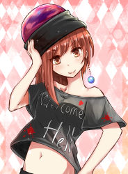 Rule 34 | 1girl, bad id, bad pixiv id, bare shoulders, chain, clothes writing, collar, earrings, earth (ornament), hand on own hip, hat, hecatia lapislazuli, highres, jewelry, long hair, poyosuke, red eyes, red hair, shirt, skirt, smile, solo, t-shirt, touhou