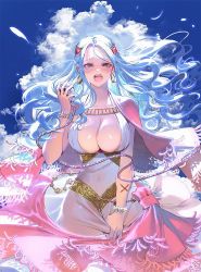 Rule 34 | 1girl, arm tattoo, blue eyes, blue hair, blue sky, blush, bracelet, breasts, capelet, center opening, cleavage, cloud, cloudy sky, commentary, covered navel, cowboy shot, crying, crying with eyes open, dress, earrings, floating hair, furrowed brow, gold, hair ornament, half-closed eyes, hoop earrings, jewelry, large breasts, light blue hair, long hair, looking at viewer, nefertari vivi, one piece, open mouth, parted bangs, pink capelet, runa (nori31291404), see-through, sky, sleeveless, sleeveless dress, solo, speaker, tattoo, tears, teeth, upper teeth only, wavy hair, white dress, wind, wind lift