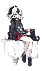 Rule 34 | 1girl, backpack, bag, black bag, black cat, black choker, black footwear, black hair, black hoodie, blue archive, cat, choker, closed mouth, commentary, demon horns, ear piercing, flower, halo, hand in pocket, highres, hood, hood down, hoodie, horns, ideolo, kayoko (blue archive), long sleeves, looking at viewer, medium hair, multicolored hair, petting, piercing, red eyes, red skirt, shoes, sitting, skirt, sneakers, solo, symbol-only commentary, thigh strap, two-tone hair, white background, white hair