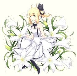 Rule 34 | 1girl, artoria pendragon (all), artoria pendragon (fate), bare shoulders, black bow, black footwear, blonde hair, blush, boots, bow, breasts, brown background, closed mouth, collar, commentary, detached collar, dress, fate/unlimited codes, fate (series), flower, frilled dress, frills, gloves, green eyes, hair between eyes, hair bow, ponytail, rocm (nkkf3785), saber lily, sidelocks, skirt hold, small breasts, smile, solo, strapless, strapless dress, twitter username, white collar, white dress, white flower, white gloves