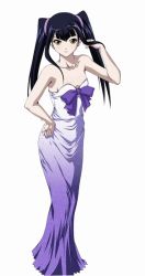 Rule 34 | 00s, 1girl, adjusting hair, bare shoulders, black hair, blush, collarbone, dress, female focus, flat chest, green eyes, hand on own hip, ikkitousen, long hair, looking at viewer, neck, official art, ribbon, saji genpou (true), simple background, smile, solo, strapless, strapless dress, twintails, white background