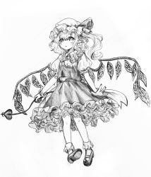 Rule 34 | 1girl, crystal, flandre scarlet, full body, greyscale, hair between eyes, hat, highres, laevatein (touhou), looking at viewer, mob cap, monochrome, puffy short sleeves, puffy sleeves, shoes, short sleeves, simple background, skirt, slit pupils, socks, solo, suna sen, touhou, traditional media, white background, wings