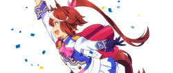 Rule 34 | 1girl, animal ears, artist request, ascot, black gloves, blue eyes, brown hair, capelet, from side, gloves, gold trim, hair ribbon, highres, horse ears, horse girl, horse tail, long hair, long sleeves, multicolored hair, official art, open mouth, ponytail, ribbon, simple background, skirt, solo, sweat, tail, tokai teio (umamusume), two-tone hair, umamusume, white background