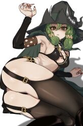 Rule 34 | 1girl, ass, breasts, cloak, fake horns, fujinari, green cloak, green eyes, green hair, hat, highres, horned headwear, horns, long hair, looking at viewer, lying, medium breasts, nail polish, navel, on side, red nails, simple background, solo, thighhighs, unicorn overlord, white background, witch hat, yahna (unicorn overlord)