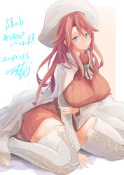 Rule 34 | 1girl, absurdres, aty (summon night), between legs, blue eyes, boots, breasts, cloak, commission, cross-laced clothes, cross-laced legwear, gem, glasses, green gemstone, hair between eyes, hat, highres, holding own arm, large breasts, legs apart, long hair, long sleeves, looking at viewer, pink hair, ribbed sweater, ribbon, rimless eyewear, saamon (salmonkomaku), sitting, skeb commission, solo, summon night, sweater, thigh boots, turtleneck, turtleneck sweater, white cloak, white hat