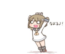Rule 34 | 10s, 1girl, arms up, blush stickers, brown hair, chibi, headgear, inishie, kantai collection, o o, open mouth, short hair, sleeves past wrists, solo, yukikaze (kancolle)