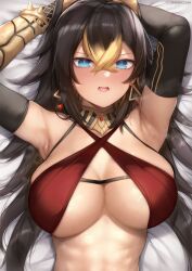 Rule 34 | 1girl, armpits, arms up, blue eyes, blush, breasts, brown hair, cleavage, crossed bangs, dehya (genshin impact), earrings, female focus, genshin impact, gradient hair, highres, jewelry, kimoshi, large breasts, looking at viewer, lying, multicolored hair, on back, open mouth, saliva, solo, teeth, upper body, upper teeth only