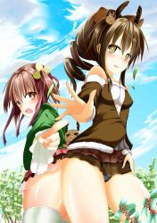 Rule 34 | absurdres, blue sky, blush, brown eyes, cloud, day, drill hair, flower knight girl, hair ornament, highres, holly (flower knight girl), looking at viewer, naonao (naonaonakopan18), naonaonakopan18, nishikigi (flower knight girl), open mouth, outdoors, pointing, pointing at viewer, short twintails, sky, standing, thighhighs, thighs, tongue, tongue out, twintails