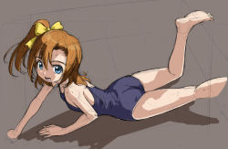 Rule 34 | 10s, 1girl, :d, barefoot, blue eyes, brown hair, kosaka honoka, looking at viewer, love live!, love live! school idol project, lying, on stomach, one-piece swimsuit, open mouth, rohitsuka, school swimsuit, short hair, side ponytail, sketch, smile, swimsuit