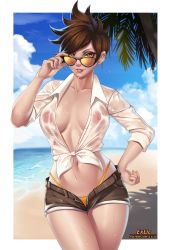 Rule 34 | 1girl, adjusting eyewear, adjusting glasses, aviator sunglasses, beach, border, breasts, brown eyes, brown hair, cloud, cloudy sky, collared shirt, commentary, covered erect nipples, cowboy shot, day, ear piercing, exlic, front-tie top, highleg, highleg panties, highres, large breasts, long sleeves, looking over eyewear, looking over glasses, navel, nipples, no bra, ocean, open clothes, open fly, open shirt, orange-tinted eyewear, orange-tinted glasses, overwatch, overwatch 1, palm tree, panties, piercing, pink lips, see-through, shirt, short shorts, shorts, sky, solo, spiked hair, sunglasses, sweat, swept bangs, tied shirt, tinted eyewear, tracer (overwatch), tree, underwear, wet, wet clothes, wet shirt, white border, white shirt, yellow-tinted eyewear, yellow-tinted glasses, yellow panties