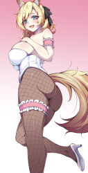 Rule 34 | 1girl, alternate costume, animal ear fluff, animal ears, arknights, arm strap, ass, blonde hair, breasts, fishnet pantyhose, fishnets, frilled straps, hand on own chest, highres, horse ears, horse girl, horse tail, large breasts, leotard, pantyhose, playboy bunny, qingshuisi yu ji, short eyebrows, simple background, smile, standing, standing on one leg, tail, thick eyebrows, thigh strap, whislash (arknights), white leotard