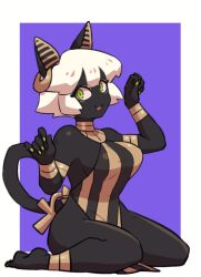 Rule 34 | 1girl, animal ears, ankh, barefoot, black skin, blonde hair, breasts, cat ears, cat girl, cat tail, colored skin, commentary, earrings, egyptian clothes, fang, full body, green eyes, green nails, halterneck, highres, jewelry, large breasts, original, paw pose, pelvic curtain, short hair, sitting, siva-siva, solo, tail, usekh collar, wariza