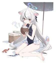Rule 34 | 1girl, 2t (vmyz7342), ?, ??, animal, animal ears, bare shoulders, barefoot, black dress, black hair, blue archive, blue halo, coconut, crab, dress, grey hair, halo, highres, kokona (blue archive), long hair, looking at viewer, multicolored hair, parasol, pun, simple background, sitting, soles, solo, streaked hair, striped clothes, striped dress, thighs, umbrella, vertical-striped clothes, vertical-striped dress, white background