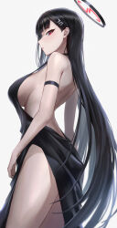 Rule 34 | 1girl, absurdres, alternate costume, bare shoulders, black dress, black hair, blue archive, blush, breasts, dress, hair ornament, hairclip, halo, highres, large breasts, long hair, looking at viewer, looking back, monegi, red eyes, rio (blue archive), sideboob, solo, thighs, very long hair