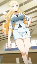 Rule 34 | 1girl, anime screenshot, ansatsu kyoushitsu, belt, blonde hair, highres, irina jelavic, legs, office lady, skirt, uniform, white uniform