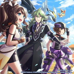 Rule 34 | 1girl, 2boys, :d, black kyurem, brown hair, closed mouth, cloud, coat, commentary, creatures (company), crossed bangs, day, english commentary, eyelashes, game freak, gen 5 pokemon, genesect, gloves, green hair, hair between eyes, hand on headwear, hand on own hip, hand up, highres, hilbert (pokemon), hilbert (sygna suit) (pokemon), hilda (pokemon), hilda (sygna suit) (pokemon), jewelry, kyurem, legendary pokemon, long hair, mono land, multiple boys, mythical pokemon, n (pokemon), n (sygna suit) (pokemon), necklace, nintendo, official alternate costume, official art, open mouth, outdoors, parted lips, pokemon, pokemon (creature), pokemon masters ex, short hair, shorts, sidelocks, sky, smile, standing, victini, watermark