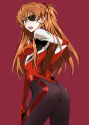Rule 34 | &gt;:o, 10s, 1girl, :o, absurdres, angry, arched back, armpits, ass, black bodysuit, blue eyes, blush, bodysuit, breasts, brown hair, cowboy shot, curvy, evangelion: 3.0 you can (not) redo, eyepatch, from side, gloves, hair over shoulder, hand on own hip, hand on own thigh, headgear, highres, impossible bodysuit, impossible clothes, legs apart, long hair, looking at viewer, looking back, multicolored clothes, nakahira guy, neon genesis evangelion, open mouth, pilot suit, plugsuit, purple background, rebuild of evangelion, shouting, simple background, skin tight, small breasts, solo, souryuu asuka langley, standing, straight hair, tsundere, turtleneck, two side up, v-shaped eyebrows, very long hair, wide hips