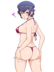 Rule 34 | 1girl, ass, back, bikini, black hair, blush, breasts, cabbie hat, dimples of venus, female focus, from behind, gokuto-kun (imakiyo), hat, highres, huge ass, kageusu gokuto, large breasts, looking back, persona, persona 4, shirogane naoto, short hair, simple background, solo, swimsuit, white background