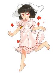 Rule 34 | 1girl, absurdres, animal ears, barefoot, brown hair, carrot necklace, dress, flat chest, frilled dress, frills, highres, inaba tewi, jewelry, necklace, pink dress, puffy short sleeves, puffy sleeves, rabbit ears, rabbit girl, rabbit tail, red eyes, ribbon-trimmed dress, ribbon-trimmed sleeves, ribbon trim, short hair, short sleeves, simple background, sketch, skipping, skirt hold, smile, solo, tail, tongue, tongue out, touhou, white background, yiererererer
