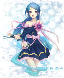 Rule 34 | 10s, 1girl, alternate costume, bare shoulders, blue dress, blue eyes, blue hair, blush, bow, dress, flower, frilled dress, frills, gradient hair, gun, holding, ichiban renga, kantai collection, long hair, long sleeves, looking at viewer, matching hair/eyes, multicolored hair, open mouth, parted bangs, ribbon, samidare (kancolle), solo, very long hair, weapon