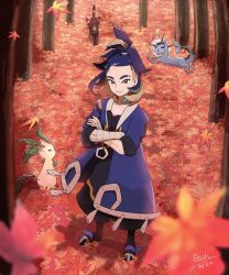 Rule 34 | 1boy, adaman (pokemon), autumn leaves, blue coat, blue hair, brown eyes, closed mouth, coat, collar, collarbone, commentary request, creatures (company), crossed arms, day, eyebrow cut, game freak, gen 1 pokemon, gen 2 pokemon, gen 4 pokemon, green hair, highres, leafeon, looking at viewer, male focus, nintendo, open clothes, open coat, outdoors, p 0 a, pokemon, pokemon (creature), pokemon legends: arceus, ponytail, signature, smile, standing, tree, umbreon, vaporeon
