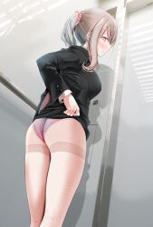Rule 34 | 1girl, black skirt, blush, breasts, brown hair, clothes lift, dutch angle, feet out of frame, formal, from behind, hair ornament, hair scrunchie, highres, indoors, jacket, kneepits, lace, lace-trimmed panties, lace trim, large breasts, lifted by self, long hair, long sleeves, looking at viewer, looking back, office lady, oouso, original, panties, panties under pantyhose, pantyhose, pencil skirt, pink panties, ponytail, purple panties, red eyes, scrunchie, see-through, see-through legwear, shirt, skirt, skirt lift, skirt suit, solo, standing, suit, sweat, thighband pantyhose, thighs, underwear, white pantyhose