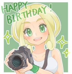 Rule 34 | 1girl, :d, blonde hair, border, camera, creatures (company), game freak, green background, green eyes, green wristband, happy birthday, holding, holding camera, looking at viewer, nintendo, open mouth, outline, outside border, pokemon, pokemon xy, rain (tonight 862), shirt, short hair, sleeveless, sleeveless shirt, smile, solo, teeth, upper body, upper teeth only, viola (pokemon), white border, white outline, white shirt, wristband