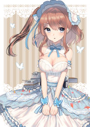 Rule 34 | 1girl, akagi kurage, alternate costume, bare shoulders, blue eyes, breasts, brown hair, cleavage, cosplay, cowboy shot, dress, frilled dress, frills, hat, highres, historical name connection, kantai collection, large breasts, lolita fashion, long hair, looking at viewer, name connection, parted lips, ponytail, rigging, saratoga (kancolle), saratoga (warship girls r), saratoga (zhan jian shao nyu) (cosplay), side ponytail, solo, warship girls r, white dress