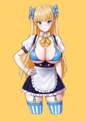Rule 34 | 1girl, apron, bad id, bad pixiv id, bikini, bikini top only, blonde hair, blue bikini, blue eyes, blue garter straps, blue nails, blunt bangs, blush, borrowed character, bow, bowtie, bra, breastless clothes, breasts, buttons, cleavage, clenched hands, closed mouth, collarbone, contrapposto, covered erect nipples, cowboy shot, detached collar, dress, frilled dress, frilled thighhighs, frills, furrowed brow, garter straps, hair between eyes, hand on own hip, heart button, heart o-ring, heart ring top, highres, large breasts, leg up, lina (michihasu), long hair, looking at viewer, multicolored eyes, nail polish, original, ribbon, shiromashiro97, simple background, skirt, solo, strap gap, striped bow, striped clothes, striped ribbon, striped thighhighs, suspender skirt, suspenders, swimsuit, thighhighs, tsurime, two side up, underboob, underwear, vertical-striped bow, vertical-striped clothes, vertical-striped thighhighs, very long hair, waist apron, waitress, wrist cuffs, yellow background, yellow bow, yellow bowtie, zettai ryouiki
