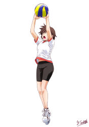 Rule 34 | 1girl, absurdres, arms up, artist name, ball, bike shorts, black shorts, brown eyes, brown hair, commentary, full body, girls und panzer, gym shirt, gym uniform, highres, holding, holding ball, isobe noriko, jumping, no socks, open mouth, satou yasu, shirt, shoes, short hair, short sleeves, shorts, signature, simple background, sneakers, solo, t-shirt, volleyball, volleyball (object), white background, white footwear, white shirt