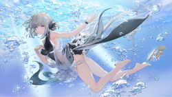 Rule 34 | 2girls, air bubble, arm up, armpits, ass, bare legs, barefoot, black one-piece swimsuit, breasts, brown headwear, bubble, casual one-piece swimsuit, day, diving, fins, full body, hand on own chest, hat, hat ornament, head fins, highres, light rays, liv: luminance (puella subnautica) (punishing: gray raven), liv (punishing: gray raven), looking at viewer, medium breasts, multiple girls, noir (ibaraki), one-piece swimsuit, outdoors, parted lips, punishing: gray raven, purple eyes, see-through, short hair, silver hair, smile, solo focus, straw hat, submerged, sunbeam, sunlight, swimsuit, underwater, unworn hat, unworn headwear, wristband