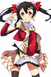 Rule 34 | 10s, 1girl, black hair, black thighhighs, bun cover, buttons, cowboy shot, cropped jacket, double-breasted, earrings, frilled shirt collar, frills, grin, hair between eyes, hair ornament, hairclip, jewelry, long hair, long sleeves, looking at viewer, love live!, love live! school idol project, m/, merumayu, pleated skirt, red eyes, simple background, skirt, smile, solo, sore wa bokutachi no kiseki, thighhighs, twintails, white background, yazawa nico, ytk (yutta-p)