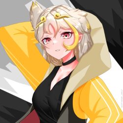 Rule 34 | 1girl, animal ears, arm behind head, arm up, blonde hair, breasts, choker, circlet, cleavage, extra ears, eyelashes, grey hair, highres, hood, hooded jacket, jacket, kemono friends, kemono friends 3, large breasts, light brown hair, light smile, long sleeves, looking at viewer, monkey ears, multicolored hair, nijiiro (graynbow wolf), official alternate costume, open clothes, open jacket, parted bangs, parted lips, red eyes, ringed eyes, shirt, solo, son goku (kemono friends), upper body